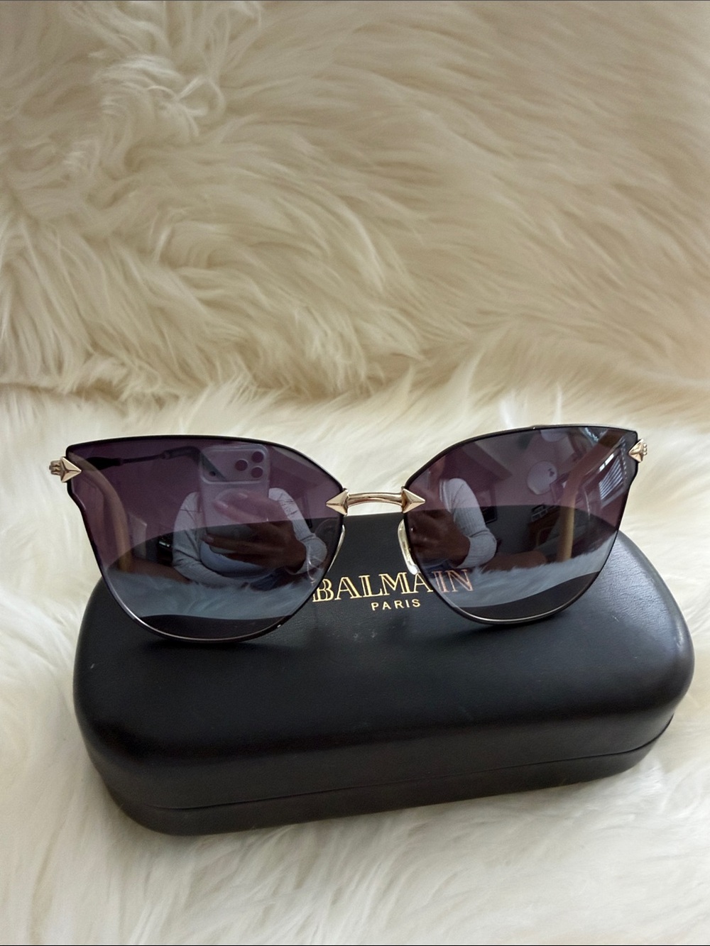 Balmain Silver Mirror Cat Eye Sunglasses with Gold Accents